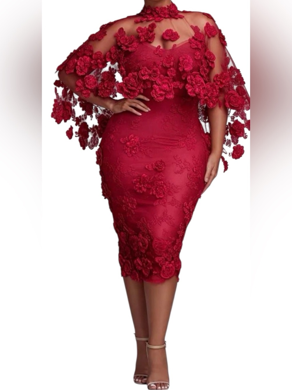 Elegant Red Lace midi Dress Women's Floral Embroidered